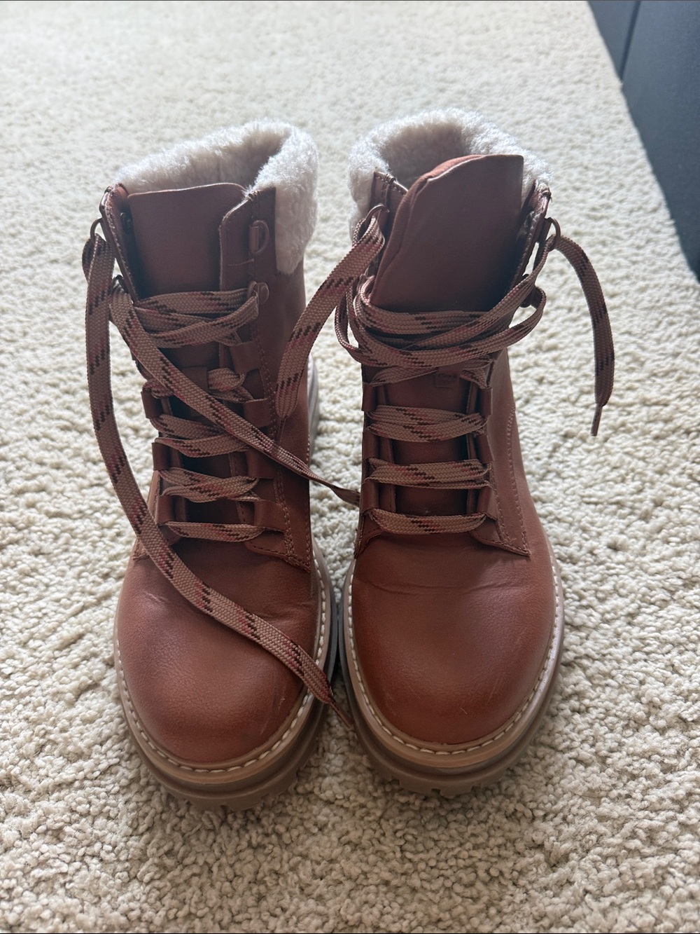 Time and Tru Brown Lace-Up Faux-Leather Boots with Faux-Fur Collar
